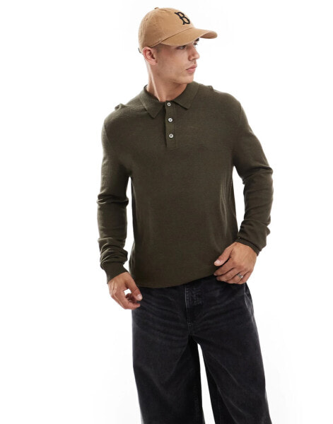 Jack & Jones knitted button through polo in khaki