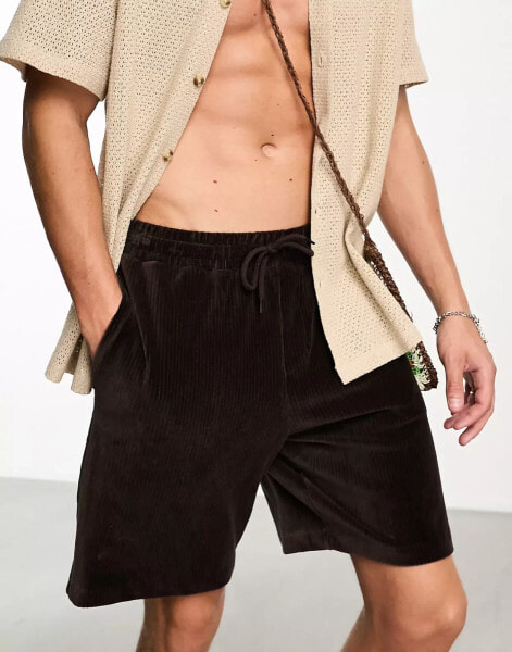 ASOS DESIGN oversized shorts in brown ribbed velour