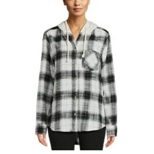 Time and Tru Flannel Shirt Women's Large Black Plaid Cotton Hooded Long Sleeve