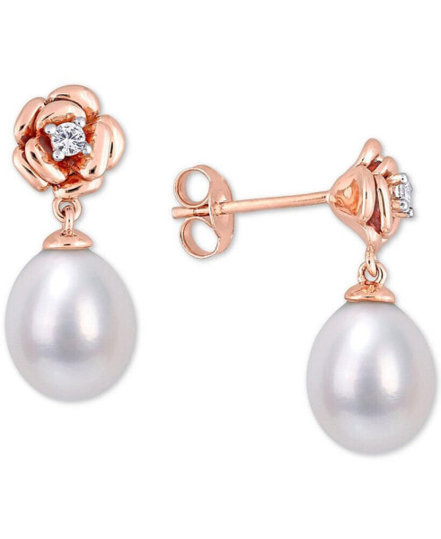 Cultured Freshwater Pearl (8-1/2mm) & Lab-Created White Sapphire (1/8 ct. t.w.) Rose Drop Earrings in 18k Rose Gold-Plated Sterling Silver