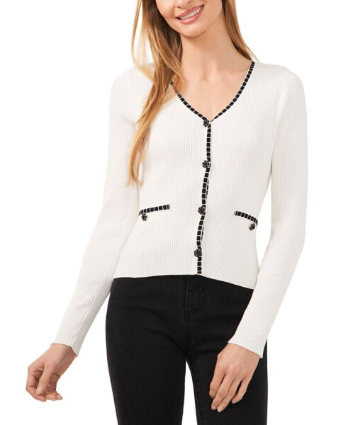 Women's Ribbed Contrast Stitch Beaded Button Cardigan