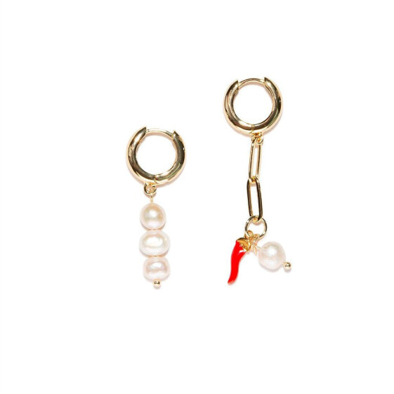 18K Gold Plated Paper Clip Chain Freshwater Pearls with a Red Enamel Chili - Avery Earrings For Women