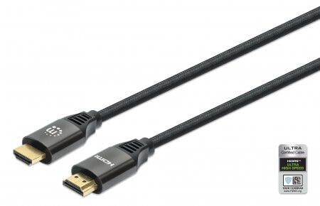 Manhattan HDMI Cable with Ethernet, 8K@60Hz (Ultra High Speed), 1m (Braided), Male to Male, Black, 4K@120Hz, Ultra HD 4k x 2k, Fully Shielded, Gold Plated Contacts, Lifetime Warranty, Polybag, 1 m, HDMI Type A (Standard), HDMI Type A (Standard), 48 Gbit/s, Black