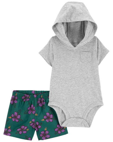 Baby 2-Piece Hooded Bodysuit & Floral Short Set 3M