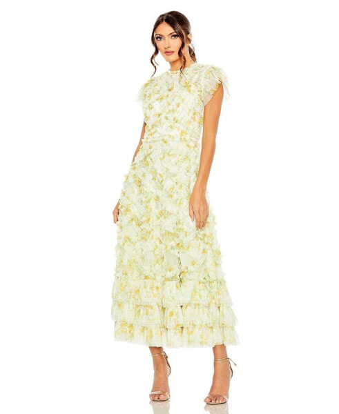 Women's High Neck Ruffle Cap Sleeve Floral Dress