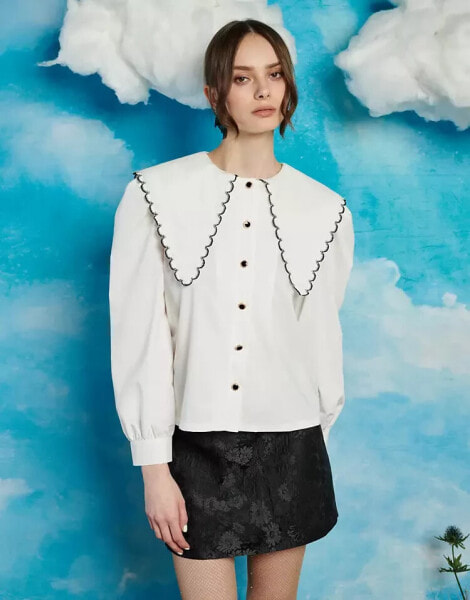 Sister Jane contrast stitch oversized collar shirt in ivory