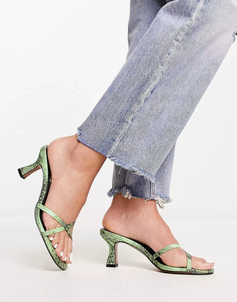 ASOS DESIGN Hania minimal mid heeled mules in green snake