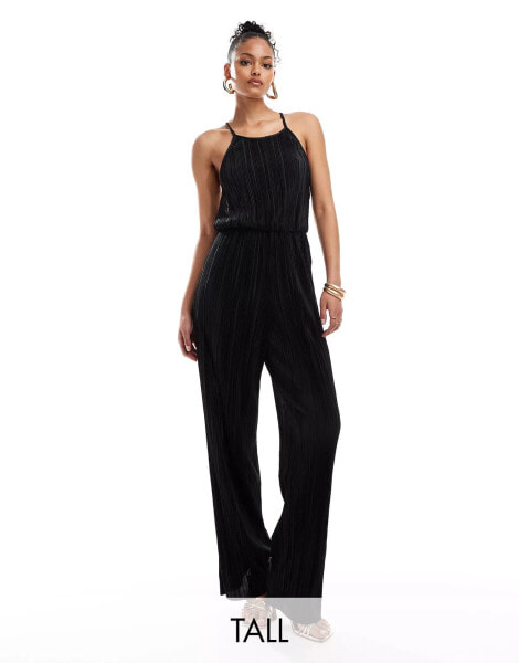 JDY Tall open back plisse jumpsuit in black