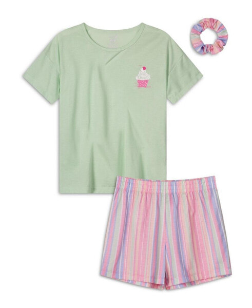 Girls Soft Jersey Fabric Shorts Pajama Set with Scrunchie, 3 Piece