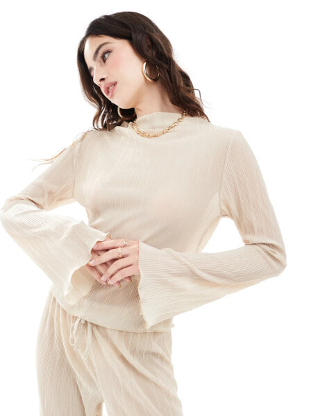 ASOS DESIGN plisse long sleeve top with fluted sleeves co ord in champagne