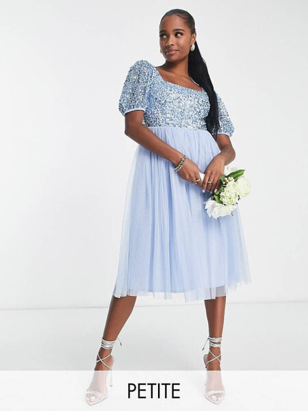 Maya Petite – Bridesmaid – Midikleid in Babyblau mit Puffärmeln und eckigem Ausschnitt