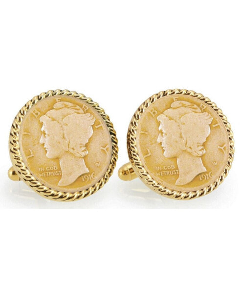 Gold-Layered Silver Mercury Dime Rope Bezel Coin Cuff Links