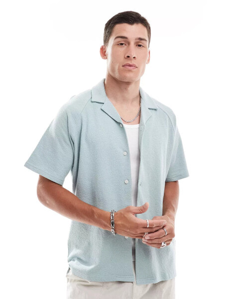 Jack & Jones oversized textured revere collar shirt in pale blue