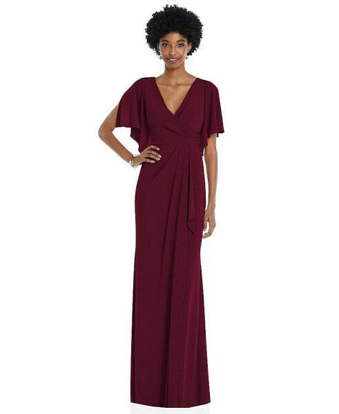 Plus Size Faux Wrap Split Sleeve Maxi Dress with Cascade Skirt