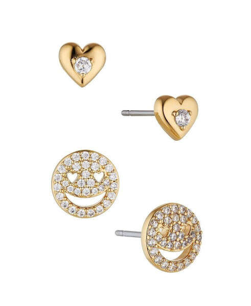 Heart Shape Stud and Smiley Face Earring Set, 4 Pieces
