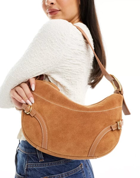 ASOS DESIGN suede slouch double strap and buckle shoulder bag in tan