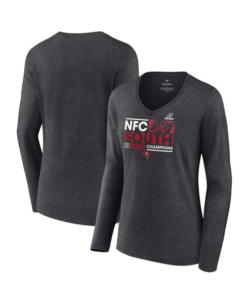 Women's Heather Charcoal Tampa Bay Buccaneers 2023 NFC South Division Champions Conquer Long Sleeve V-Neck T-shirt