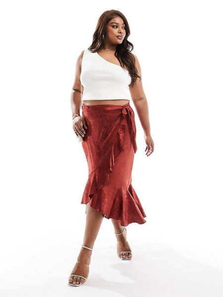 Flounce London Plus satin wrap midaxi skirt in rust