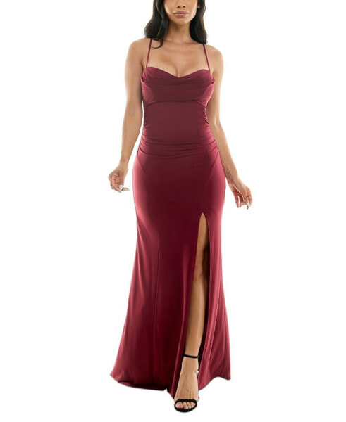 Juniors' Cowlneck Ruched Gown