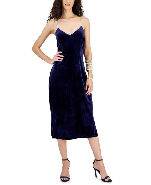 Women's Embellished-Strap Velvet Midi Dress