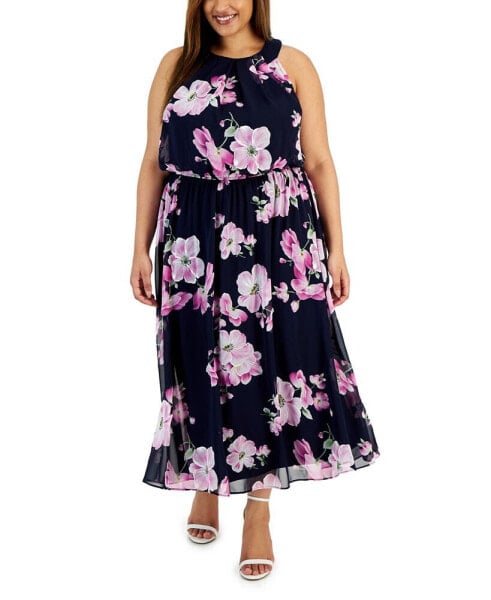 Plus Size Floral-Print Halterneck Maxi Dress