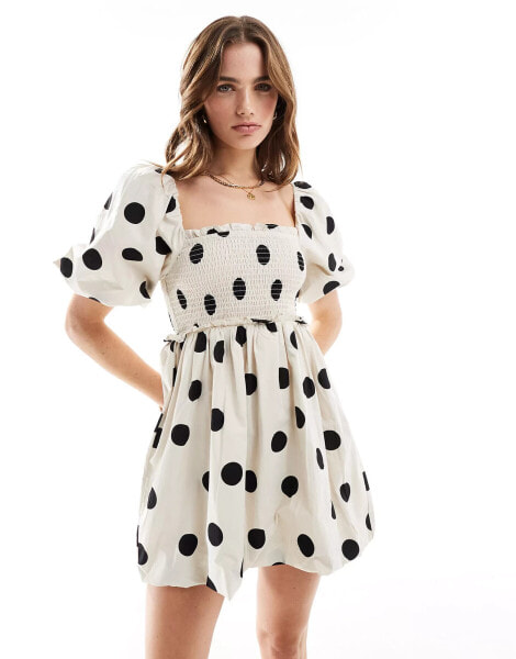 Miss Selfridge poplin shirred puffball mini dress in cream spot