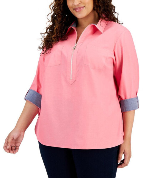 Plus Size Chambray 1/2-Zip Roll-Tab-Sleeve Cotton Popover Shirt