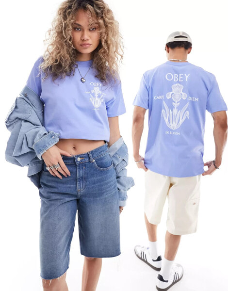 Obey unisex iris in bloom graphic short sleeve t-shirt in blue