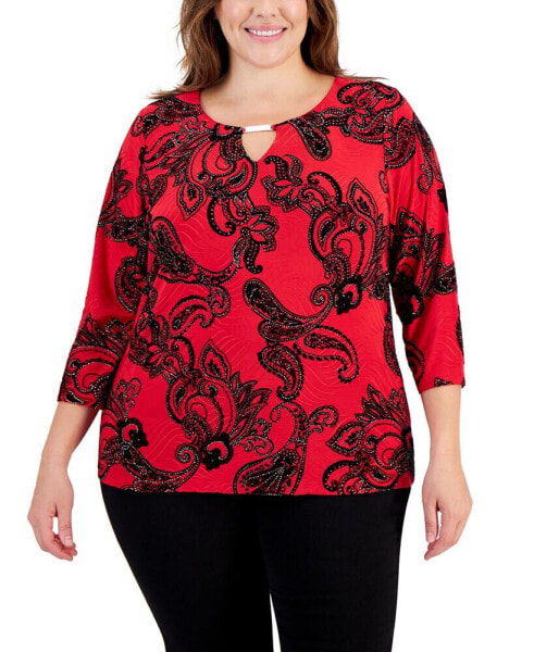 Plus Size Paisley Glitter Keyhole Top, Created for Macy's