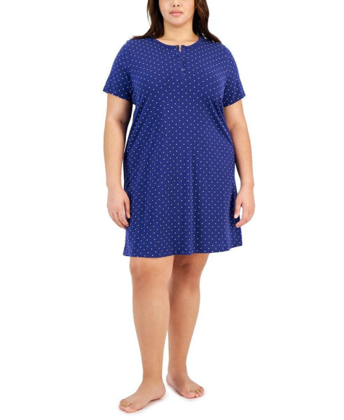 Plus Size Cotton Ditsy Floral Henley Sleepshirt, Created for Macy's