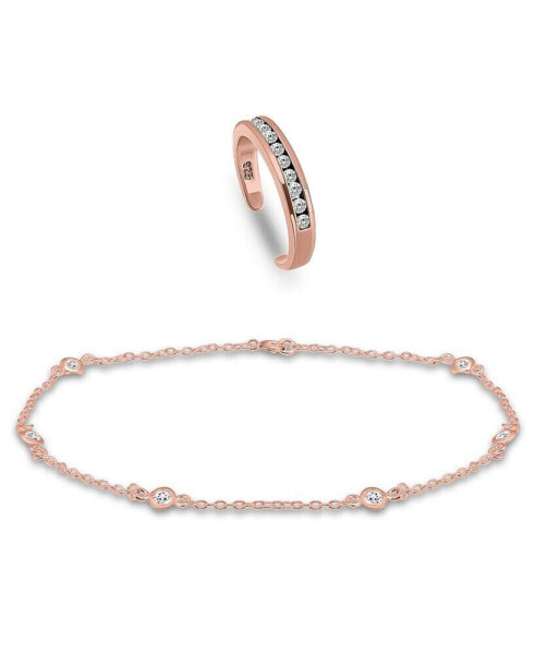 Cubic Zirconia Channel Set 18K Rose Gold and Gold Over Silver, Sterling Silver Toe Ring with Station Anklet Set, 2 Piece