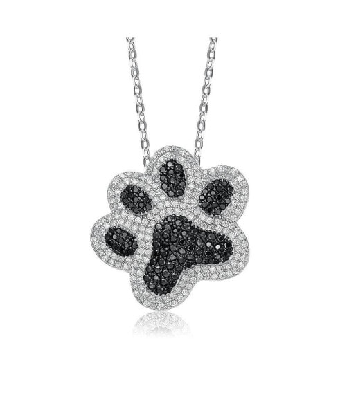 White Gold Plating with Black & White Cubic Zirconia Cat Dog Pet Paw Pendant Necklace in Sterling Silver