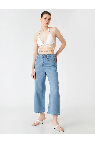 Yüksek Bel Crop Ispanyol Paça Kot Pantolon - Culotte Jean