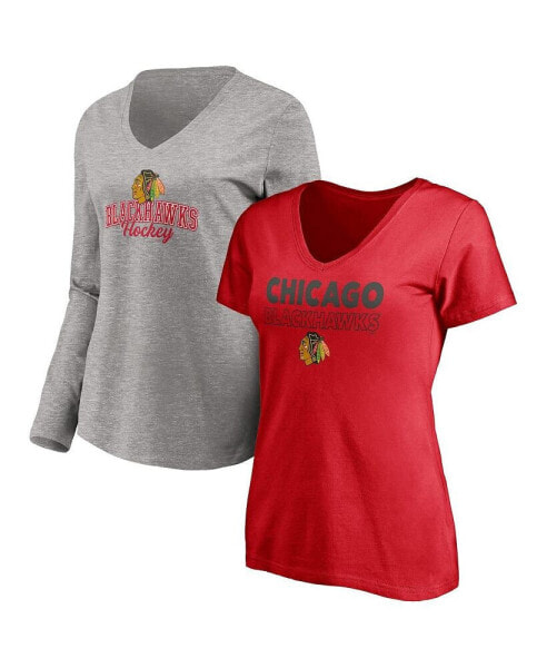 Women's Red, Heather Gray Chicago Blackhawks Short Sleeve and Long Sleeve V-Neck T-shirt Combo Pack