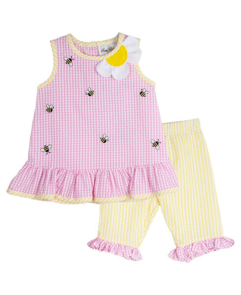 Baby Girls Bumble Bee Seersucker Outfit with Diaper Cover, 2 Piece Set