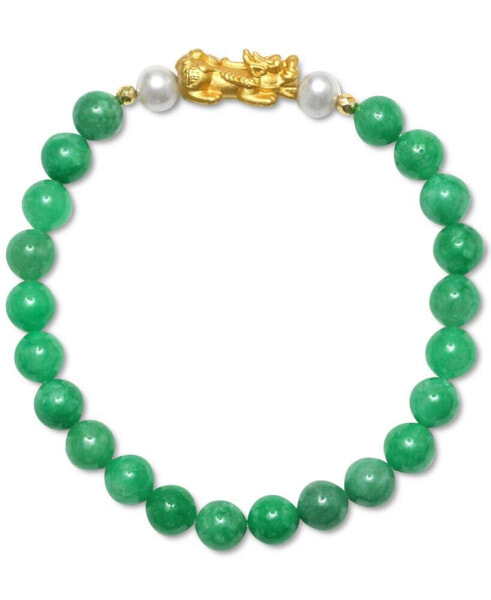 Dyed Jade (8mm) & Cultured Freshwater Pearl (6mm) Pixhu Stretch Bracelet in 14k Gold-Plated Sterling Silver