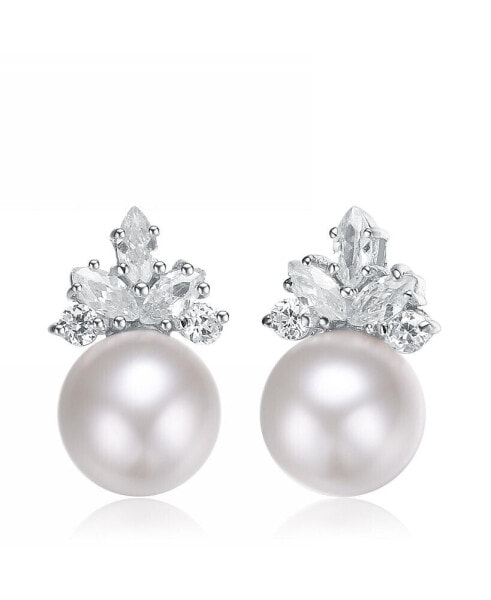 Elegant Fresh Water Pearl Marquise Earrings in Sterling Silver White Gold Plating with Cubic Zirconia