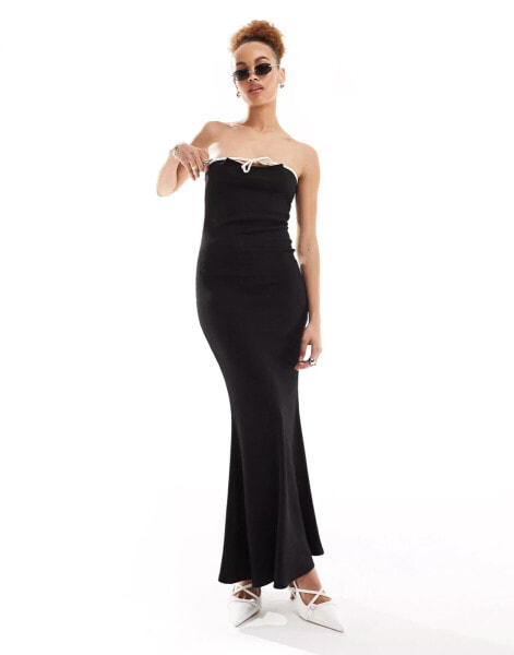 Lioness bandeau contrast trim bow detail maxi dress in black