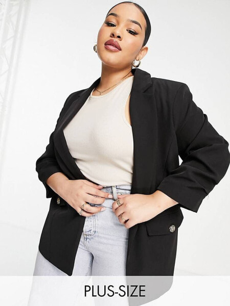 River Island Plus ruched sleeve blazer in black