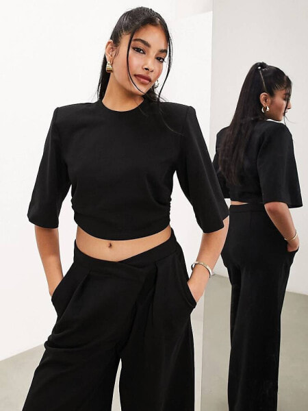 ASOS EDITION premium jersey shoulder pad boxy crop t-shirt in black 