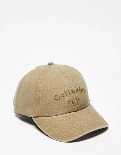 COLLUSION Unisex collegiate tonal branded cap in washed stone