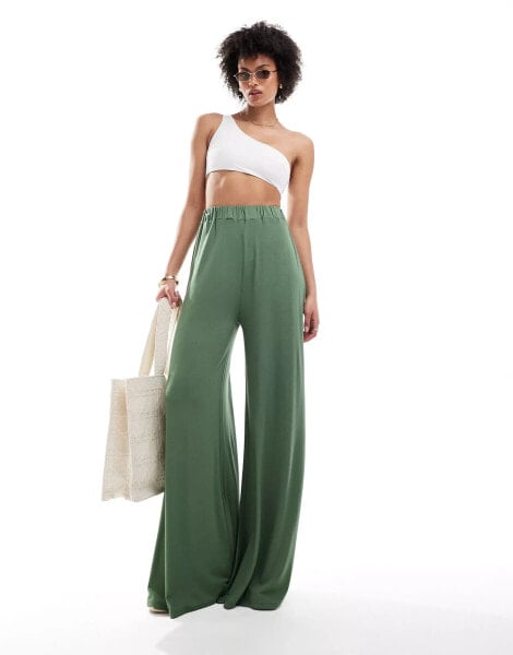 ASOS DESIGN Tall jersey palazzo beach trouser in khaki