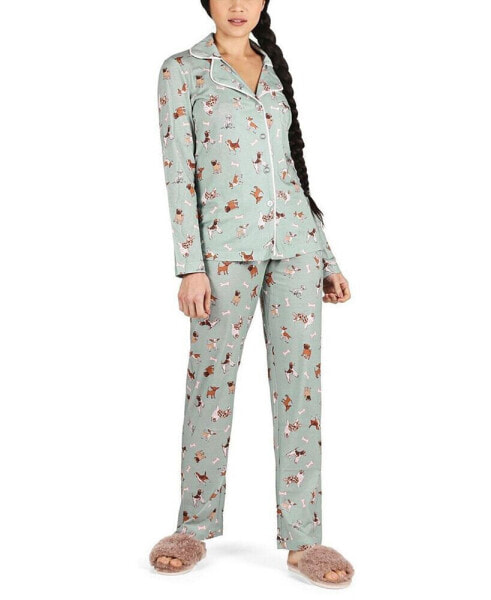 Women's Dog And Bone Notch Collar Cotton Blend Pajama Set