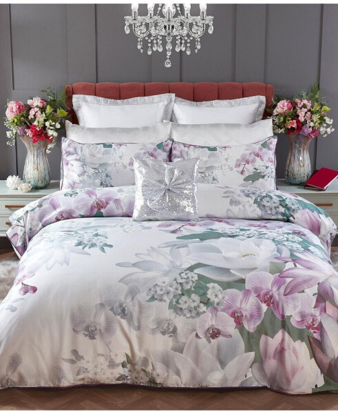 100% Cotton Lotus Flower Print Duvet Cover Set With Matching Pillow Cases Queen