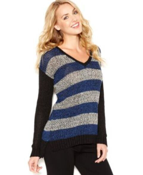 Kensie Women's Long Sleeve V Neck Striped Vented hem Sweater Blue Silver L