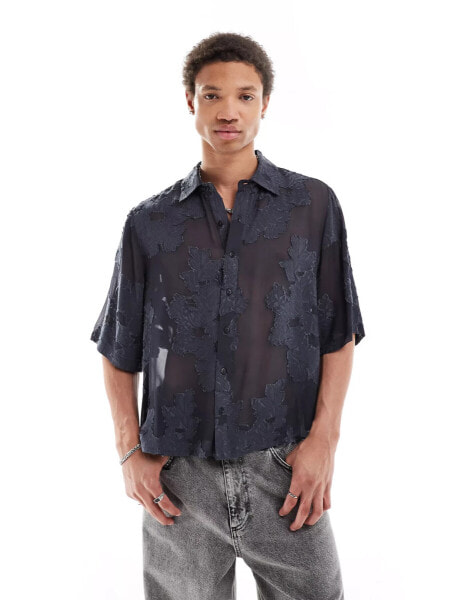 COLLUSION sheer burnout boxy shirt in charcoal