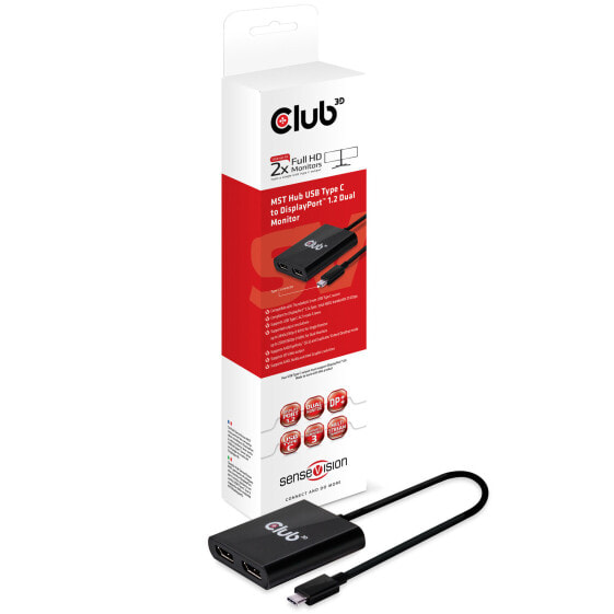 Club 3D MST Hub USB3.1 (Gen1) Type C to DisplayPort™ 1.2 Dual Monitor - 2x DisplayPort - USB 3.1 Type C - Black - 12 bit - 60 Hz - 0.29 m