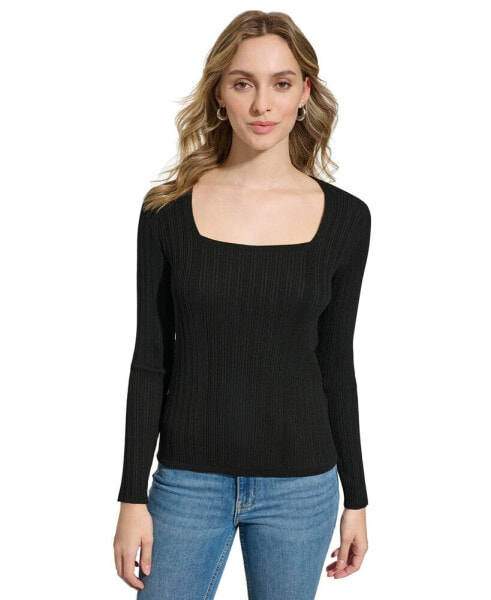 Square-Neck Mixed Rib-Knit Sweater