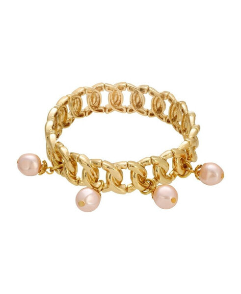 Gold Tone Peach Imitation Pearl Drop Stretch Bracelet