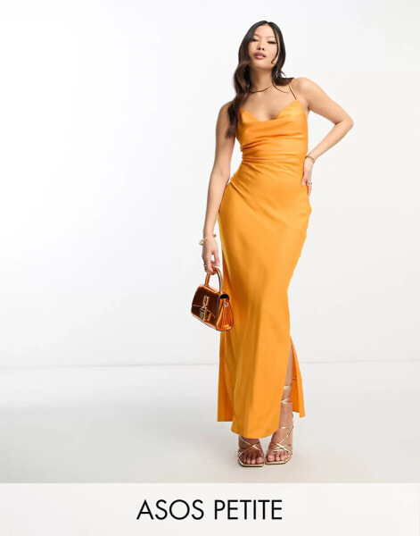 ASOS DESIGN Petite satin cami maxi slip dress satin with lace up back in orange